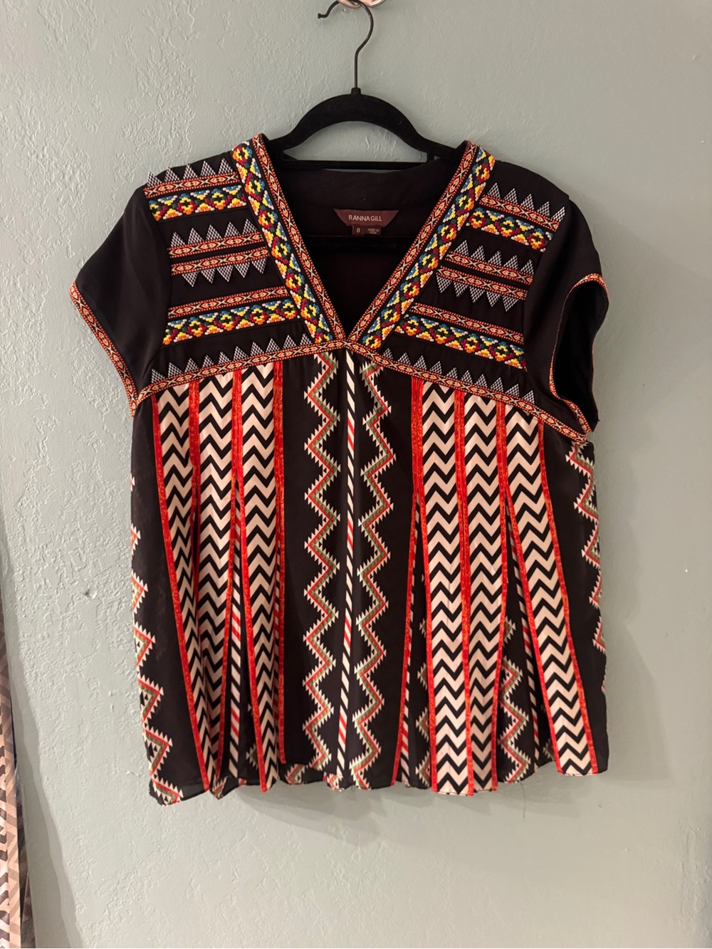 Ranna Gill Black V-Neck Embroidered Geo-Print Blouse